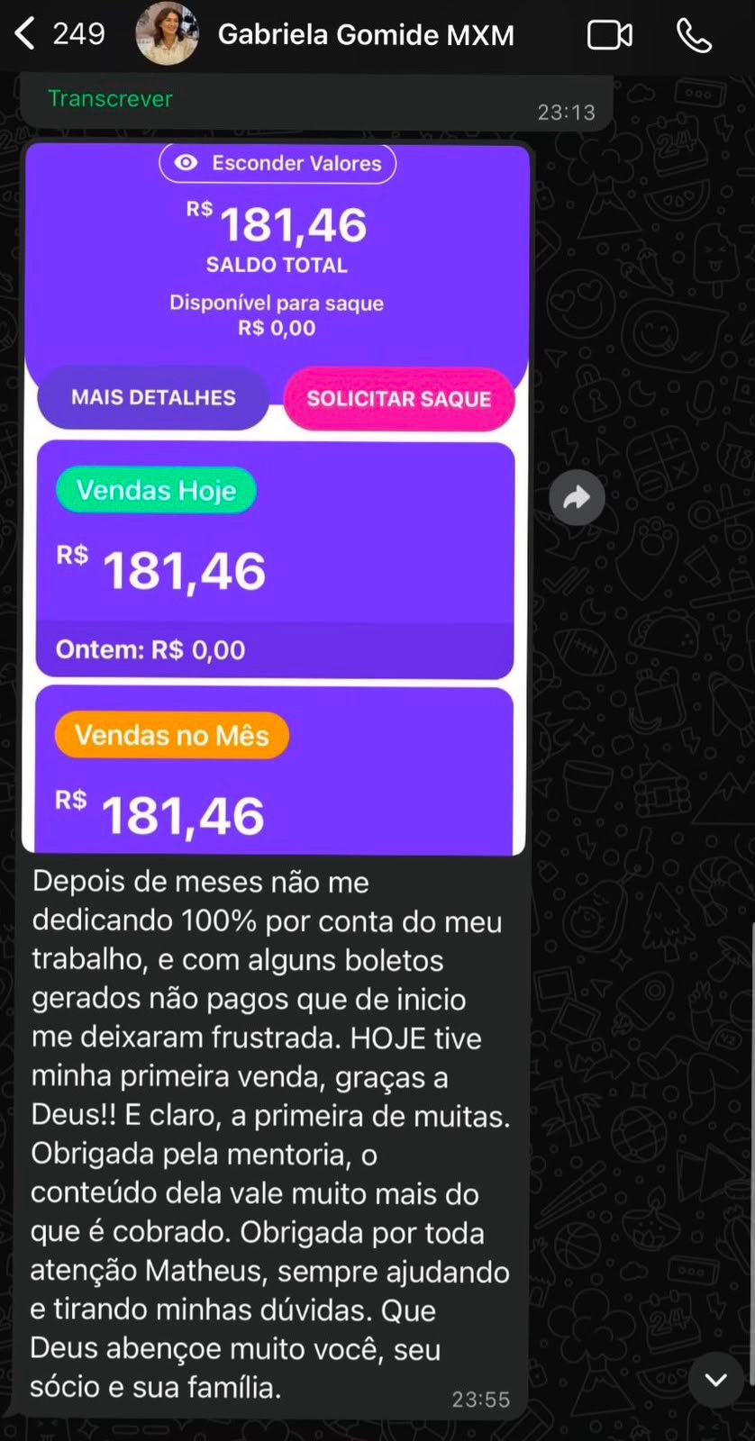 Aluna fazendo a primeira venda
